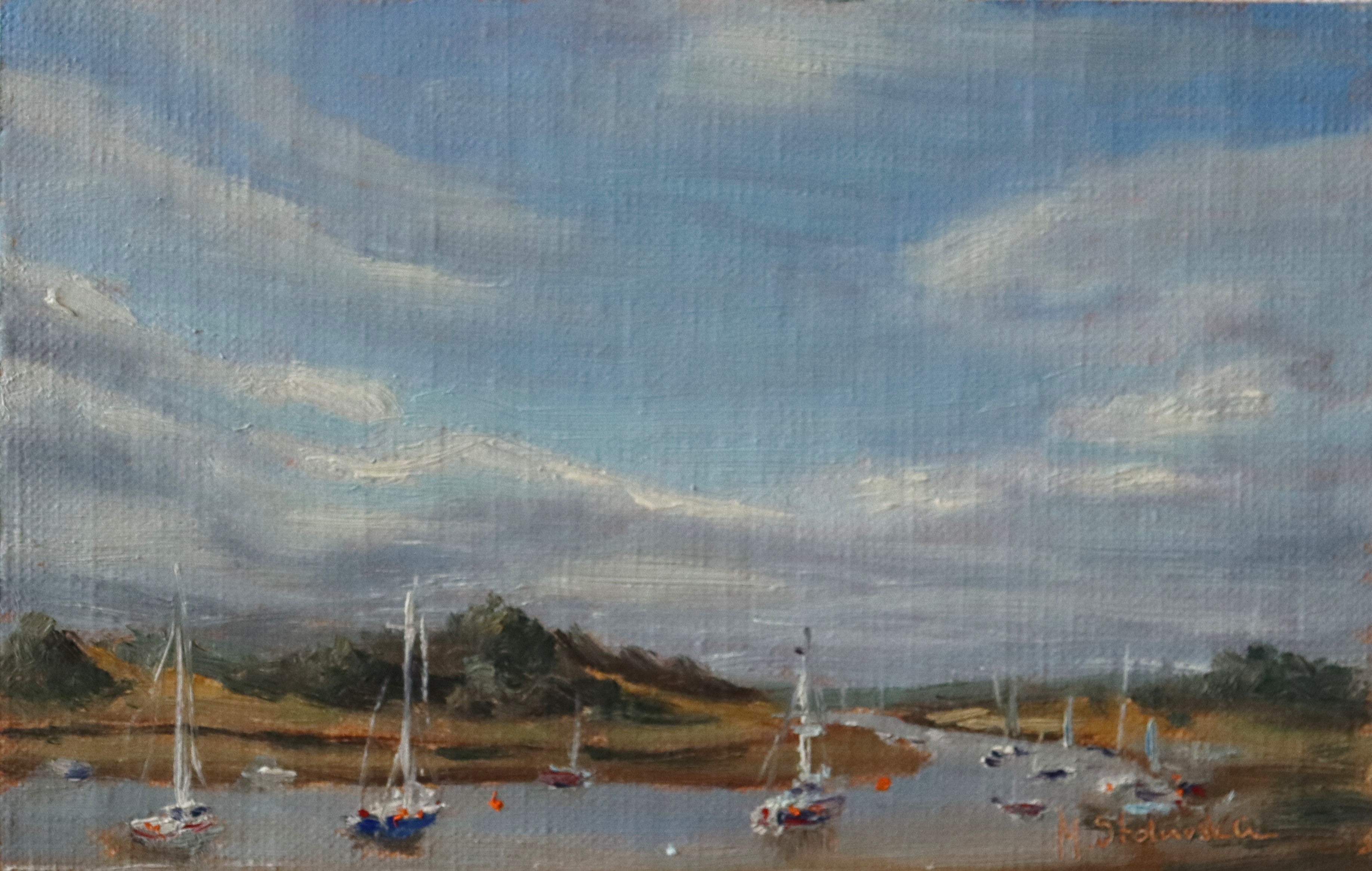 Harbor scene with boats and a cloudy sky. Original oil painting of the Norfolk Broads busy with boats, summer scene on the waterways