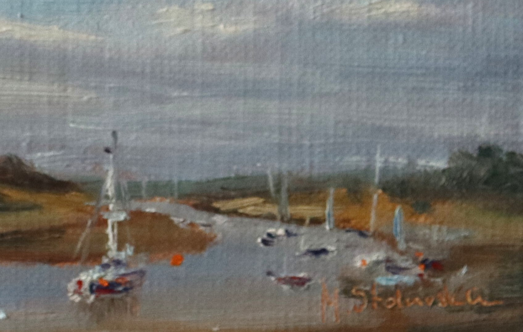 Painting of a harbor scene with boats and a cloudy sky. Original oil painting of the Norfolk Broads busy with boats, summer scene on the waterways
