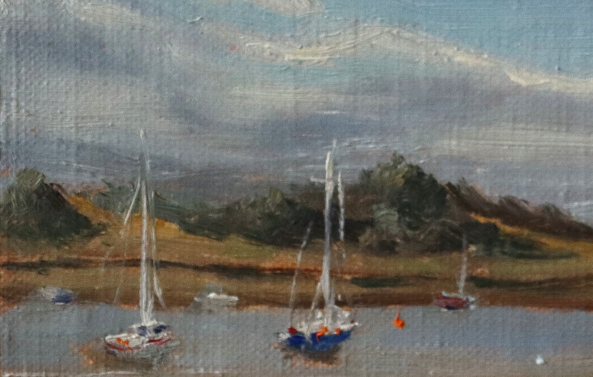 Sailboats on a body of water with a scenic background. Original oil painting of the Norfolk Broads busy with boats, summer scene on the waterways