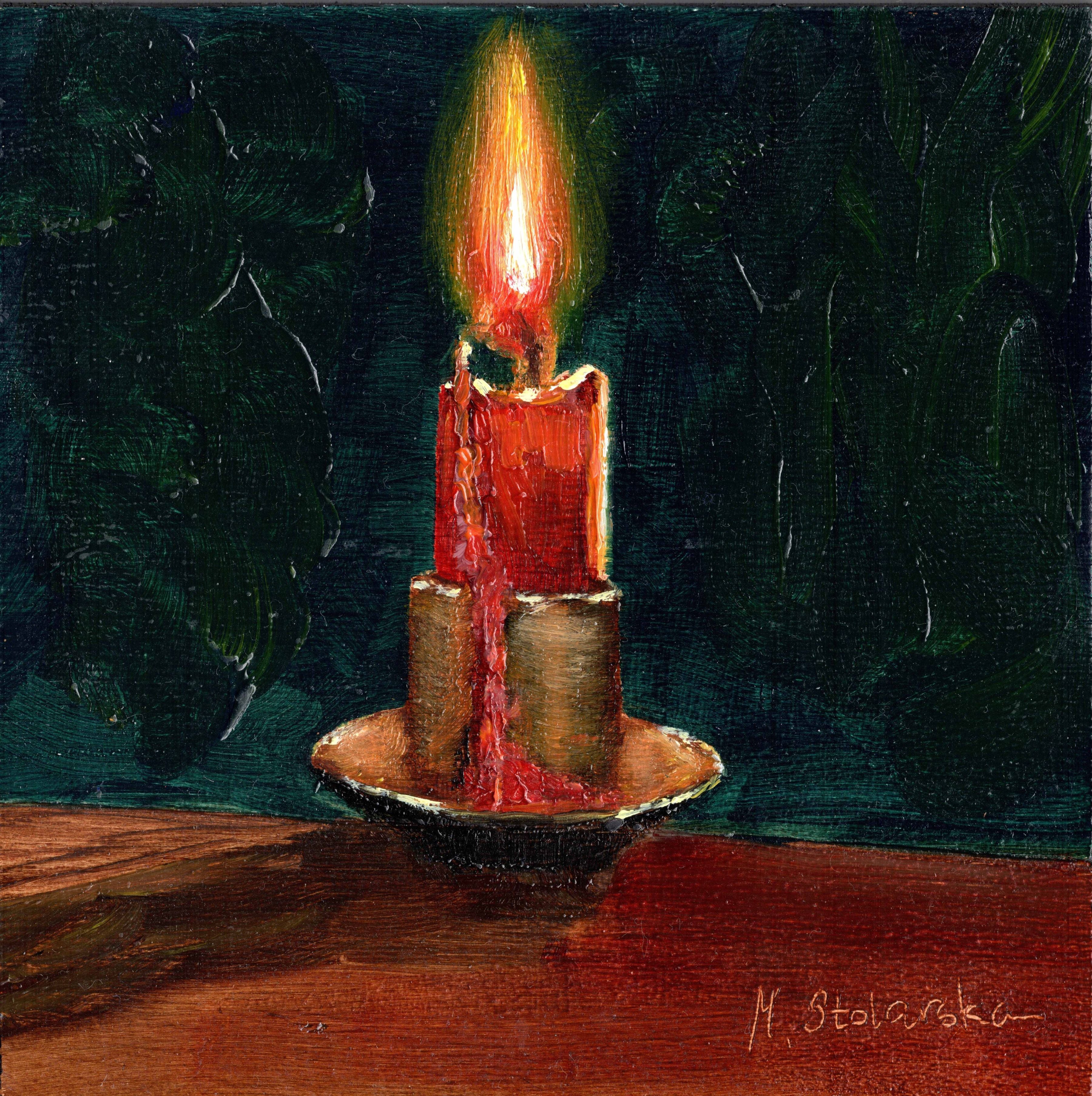 Original oil Painting of a lit red candle on a dark green background on a cradled panel. 