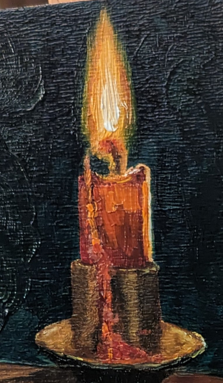 Close-up of a candle with a dark textured background. Original oil Painting of a lit red candle on a dark green background on a cradled panel. 