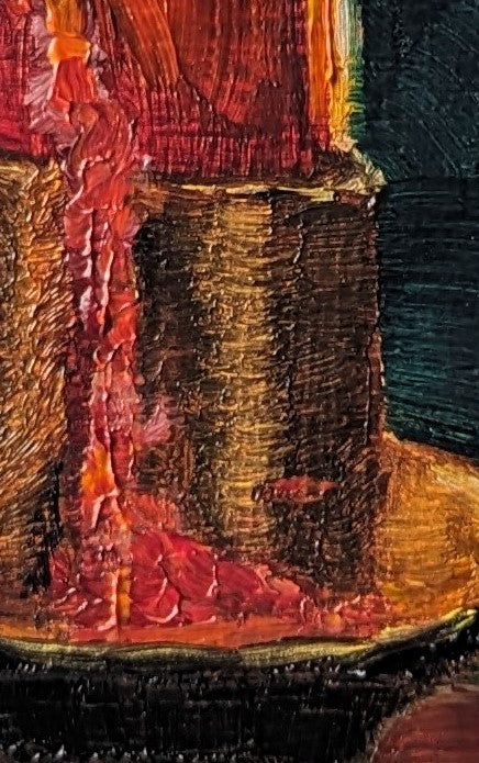 Close-up of a painting with textured brushstrokes in red, orange, and brown tones. Original oil Painting of a lit red candle on a dark green background on a cradled panel. 