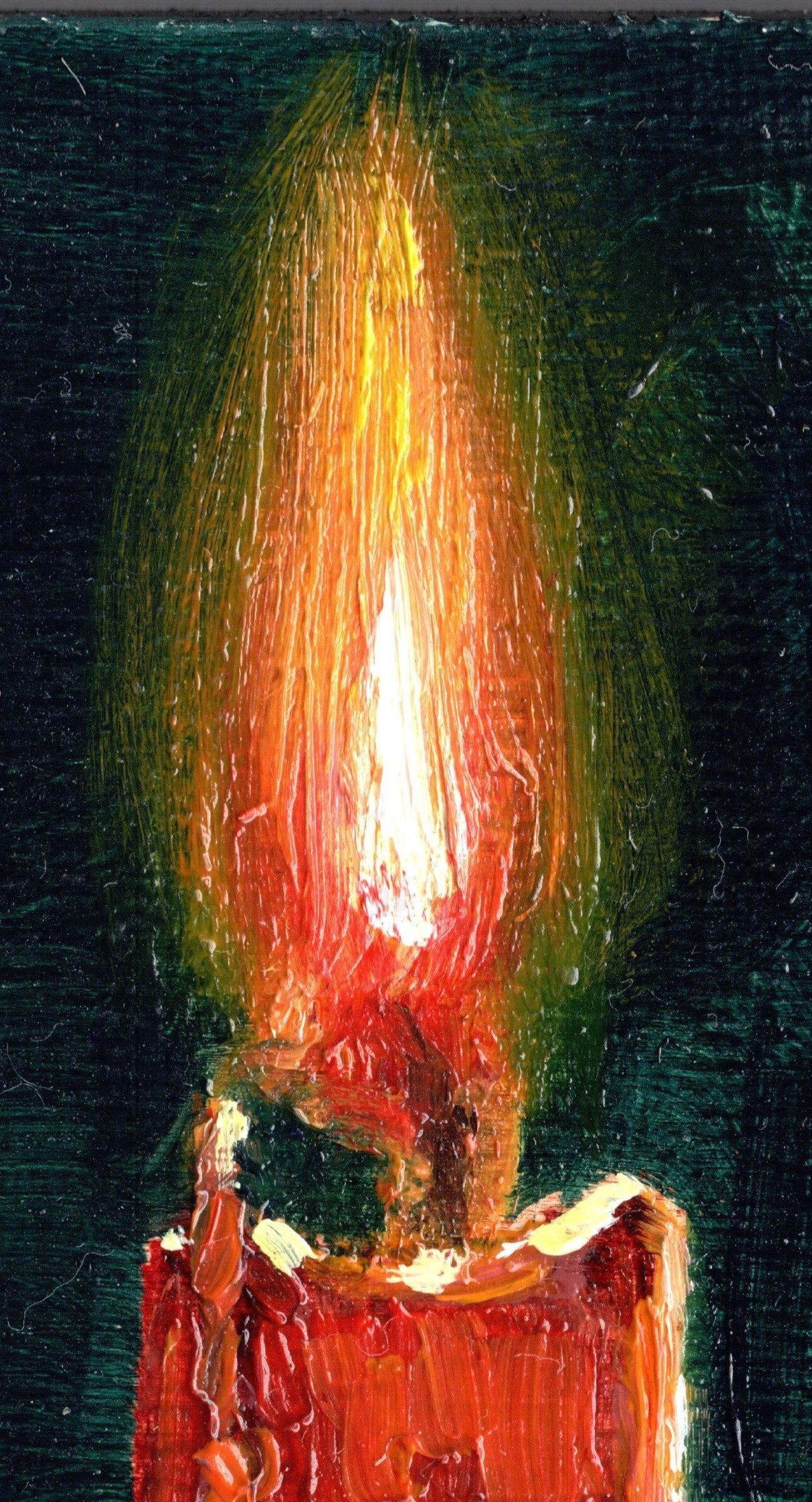 Close-up of a candle flame against a dark background. Original oil Painting of a lit red candle on a dark green background on a cradled panel. 
