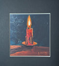 Print of an Original oil Painting of a lit red candle on a dark green background matted in black.