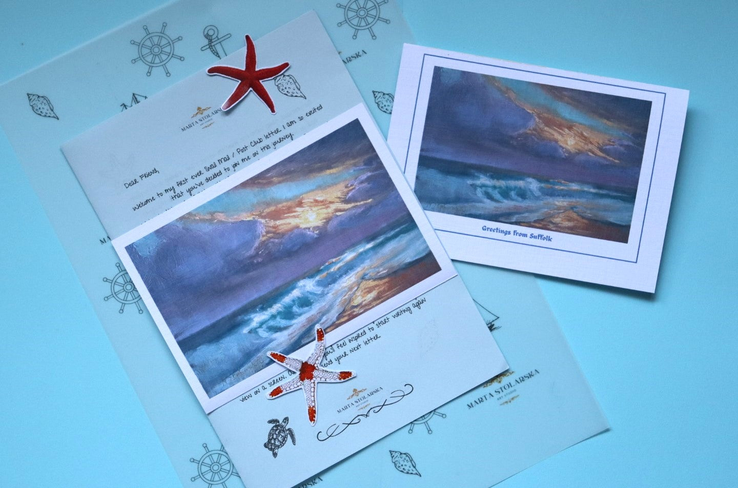 Coastal Mail Club original art subscription, receive original coastal artwork by post from Marta Stolarska. Greeting card, fine art print, stickers, stationery