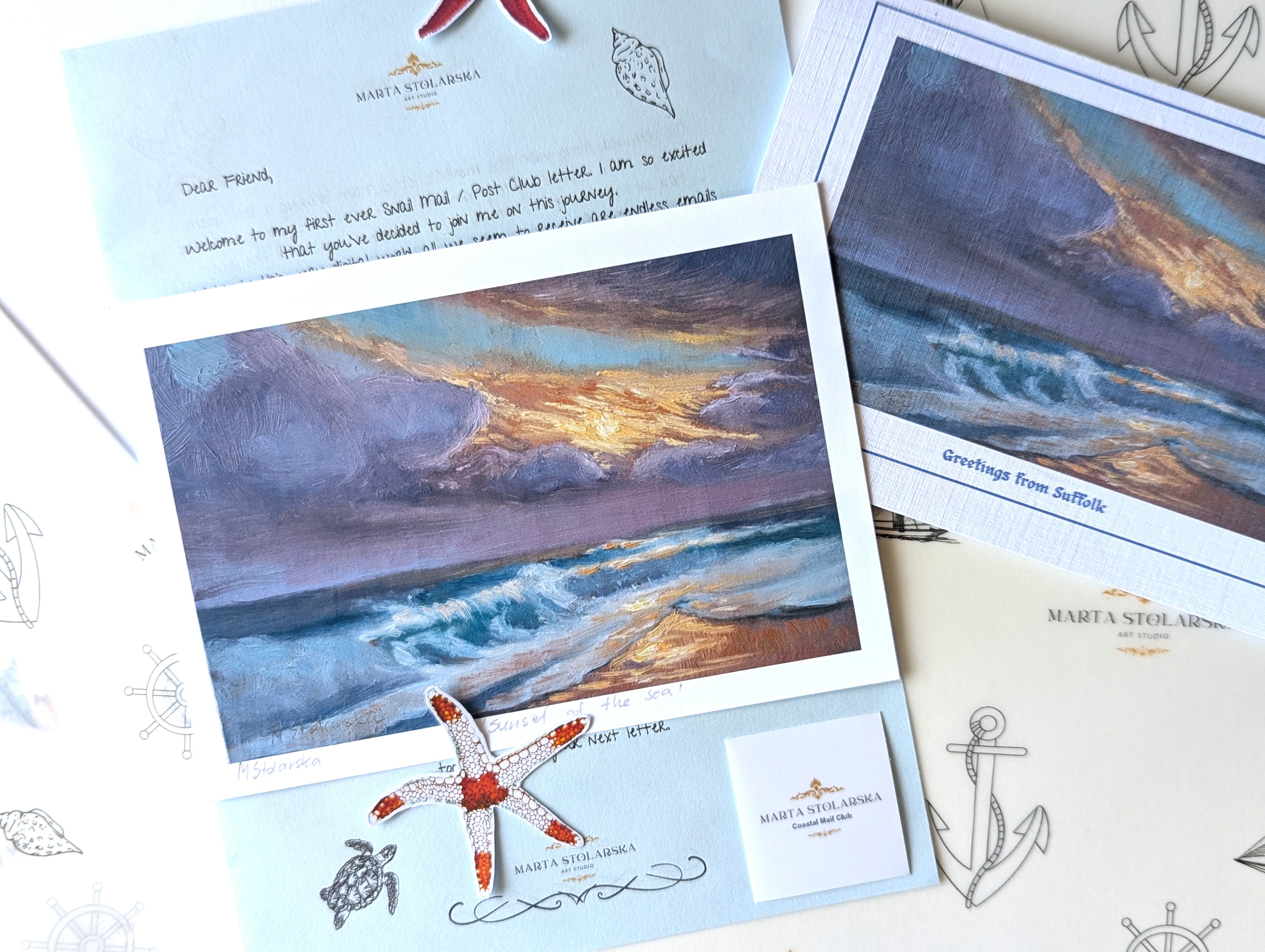 Coastal Mail Club original art subscription, receive original coastal artwork by post from Marta Stolarska. Greeting card, fine art print, stickers, stationery