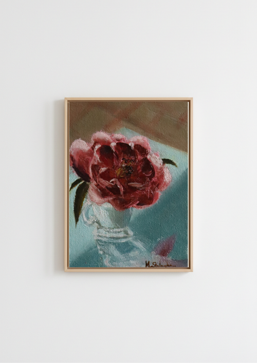 Camellia in an Espresso Cup - original oil painting by Marta Stolarska, a deep pink camellia in a glass espresso cup against a soft teal-blue background, painted en plein air on handmade linen board, 10 x 15 cm
