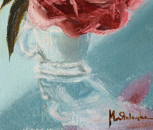 Close-up detail of Camellia in an Espresso Cup - deep pink camellia petals and glass espresso cup, plein air oil brushwork on handmade linen board by Marta Stolarska