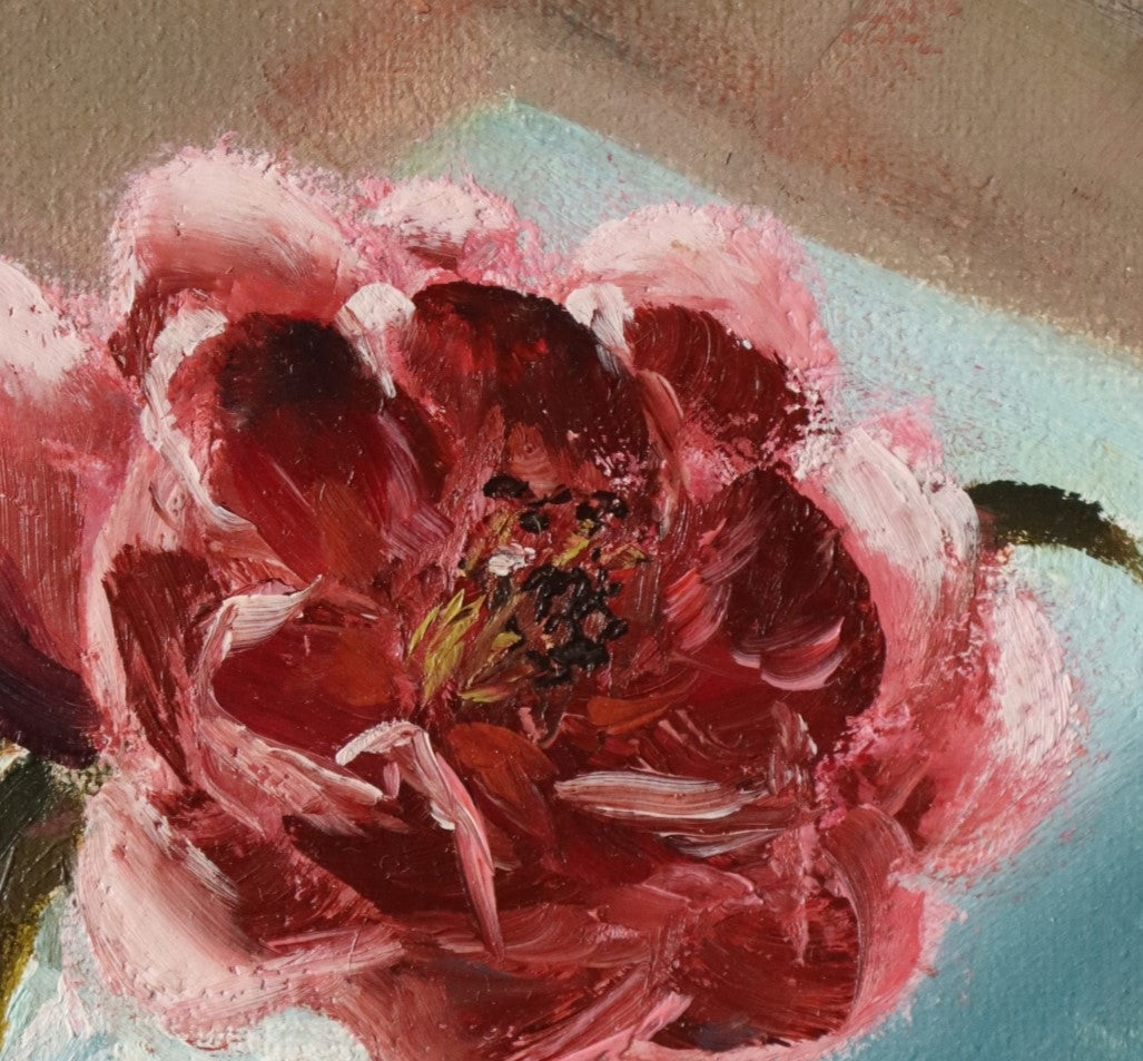 Close-up detail of Camellia in an Espresso Cup - deep pink camellia petals and glass espresso cup, plein air oil brushwork on handmade linen board by Marta Stolarska