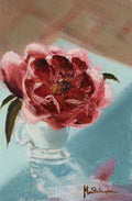 Camellia in an Espresso Cup - original oil painting by Marta Stolarska, a deep pink camellia in a glass espresso cup against a soft teal-blue background, painted en plein air on handmade linen board, 10 x 15 cm