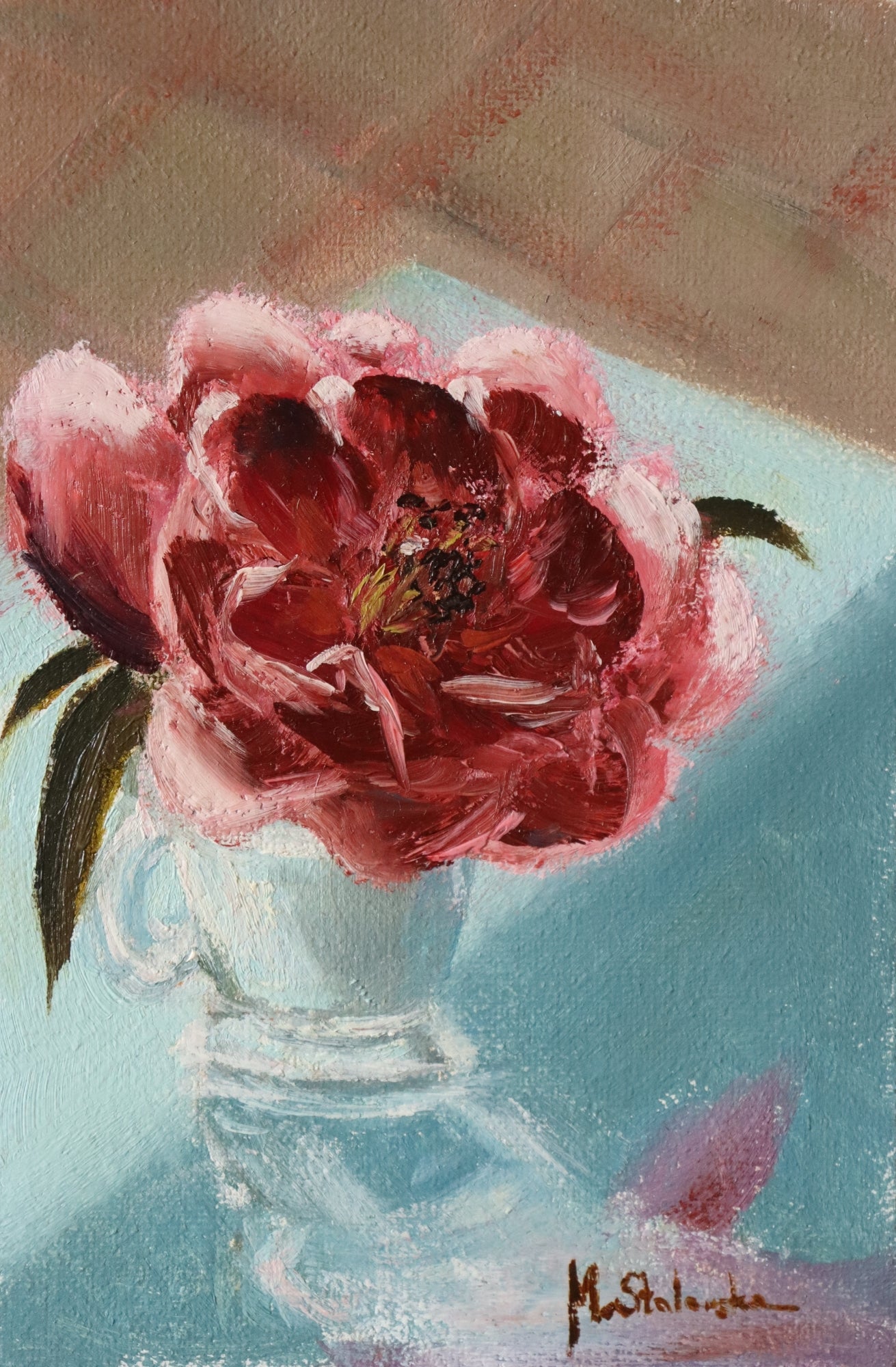 Camellia in an Espresso Cup - original oil painting by Marta Stolarska, a deep pink camellia in a glass espresso cup against a soft teal-blue background, painted en plein air on handmade linen board, 10 x 15 cm