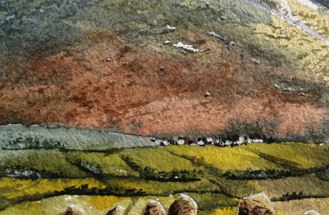 Artistic depiction of a landscape with rolling hills and a village. Original watercolour painting of Castlerigg Stone Circle with snow-capped Lake District fells behind, light airy sky