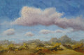 Painting of a landscape with a blue sky and clouds. Original oil painting of changing weather over open landscape, dramatic sky with clouds and shifting light