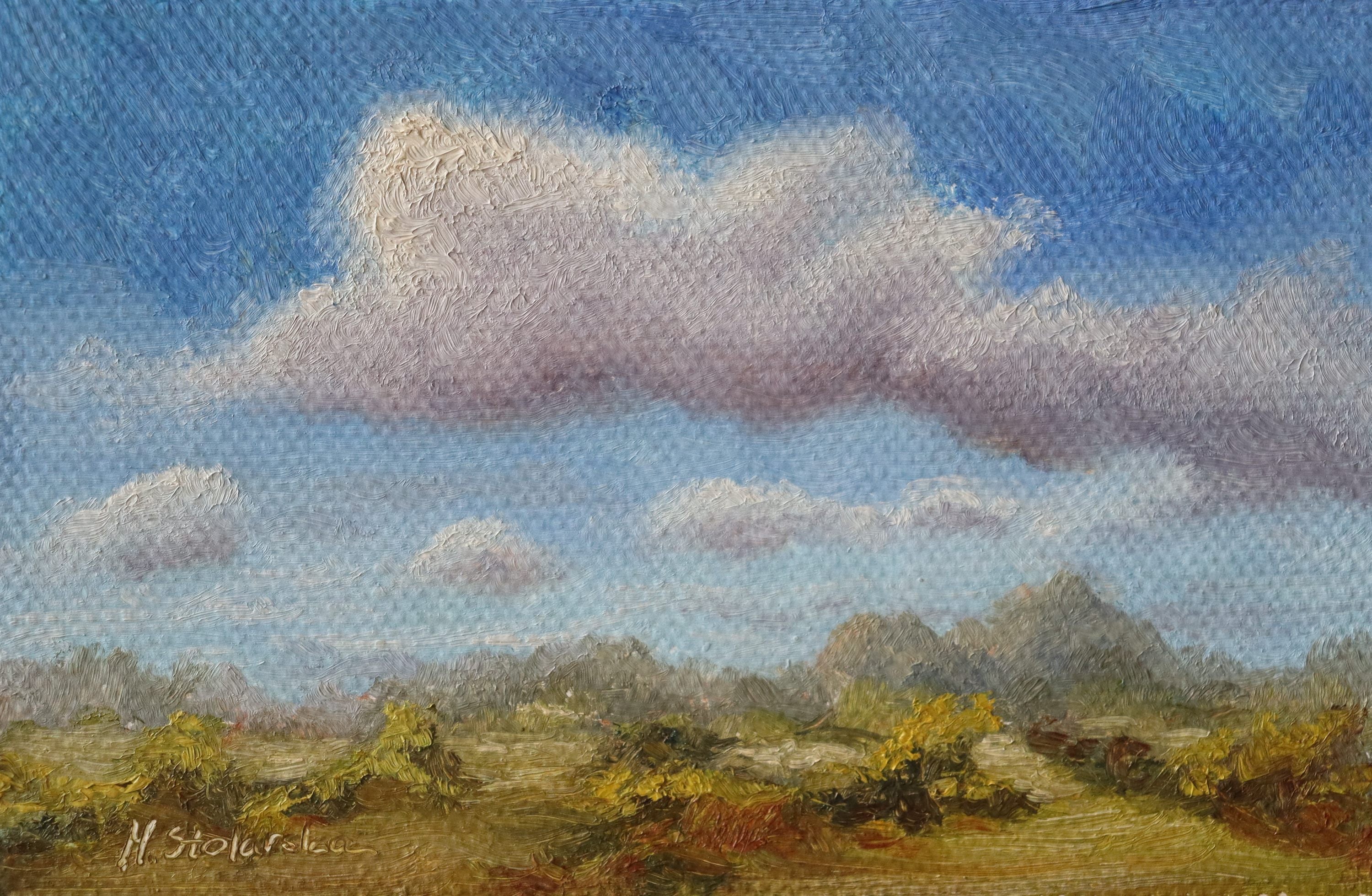 Painting of a landscape with a blue sky and clouds. Original oil painting of changing weather over open landscape, dramatic sky with clouds and shifting light