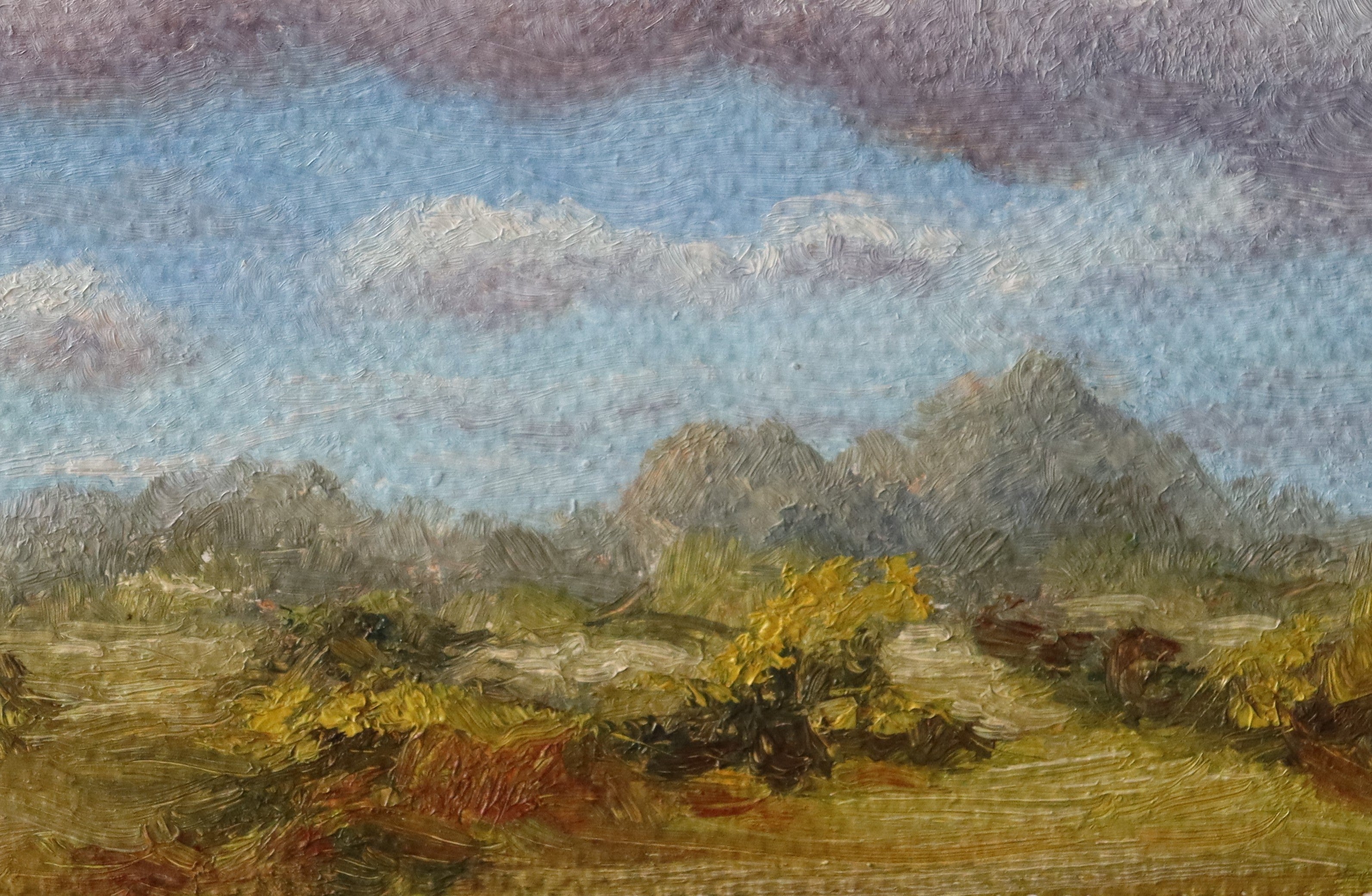 Painting of a landscape with mountains and fields on textured fabric. Original oil painting of changing weather over open landscape, dramatic sky with clouds and shifting light