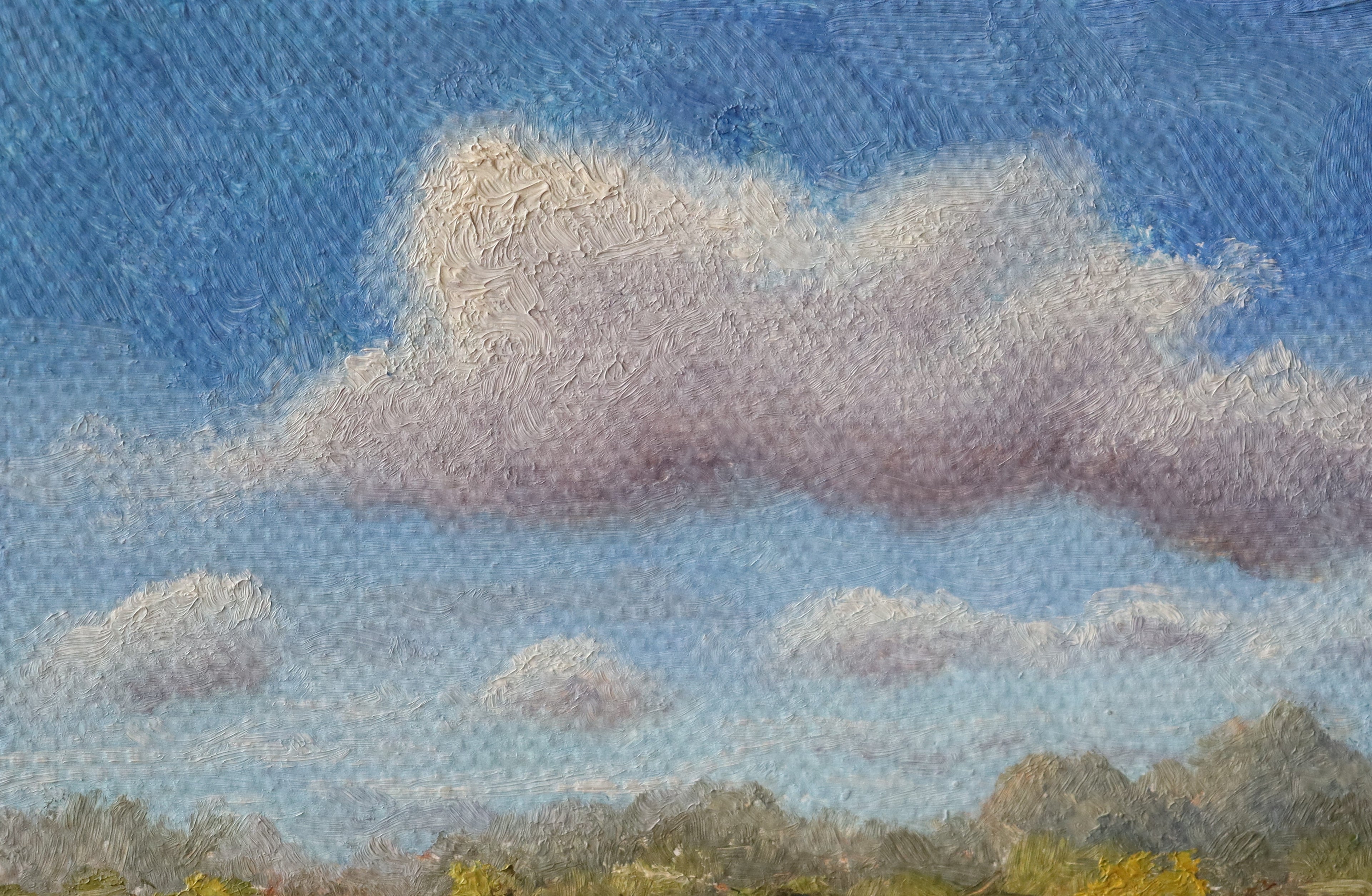 Painting of a cloudy sky with trees at the bottom. Original oil painting of changing weather over open landscape, dramatic sky with clouds and shifting light