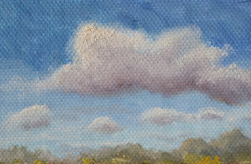 Painting of a cloudy sky with trees at the bottom. Original oil painting of changing weather over open landscape, dramatic sky with clouds and shifting light