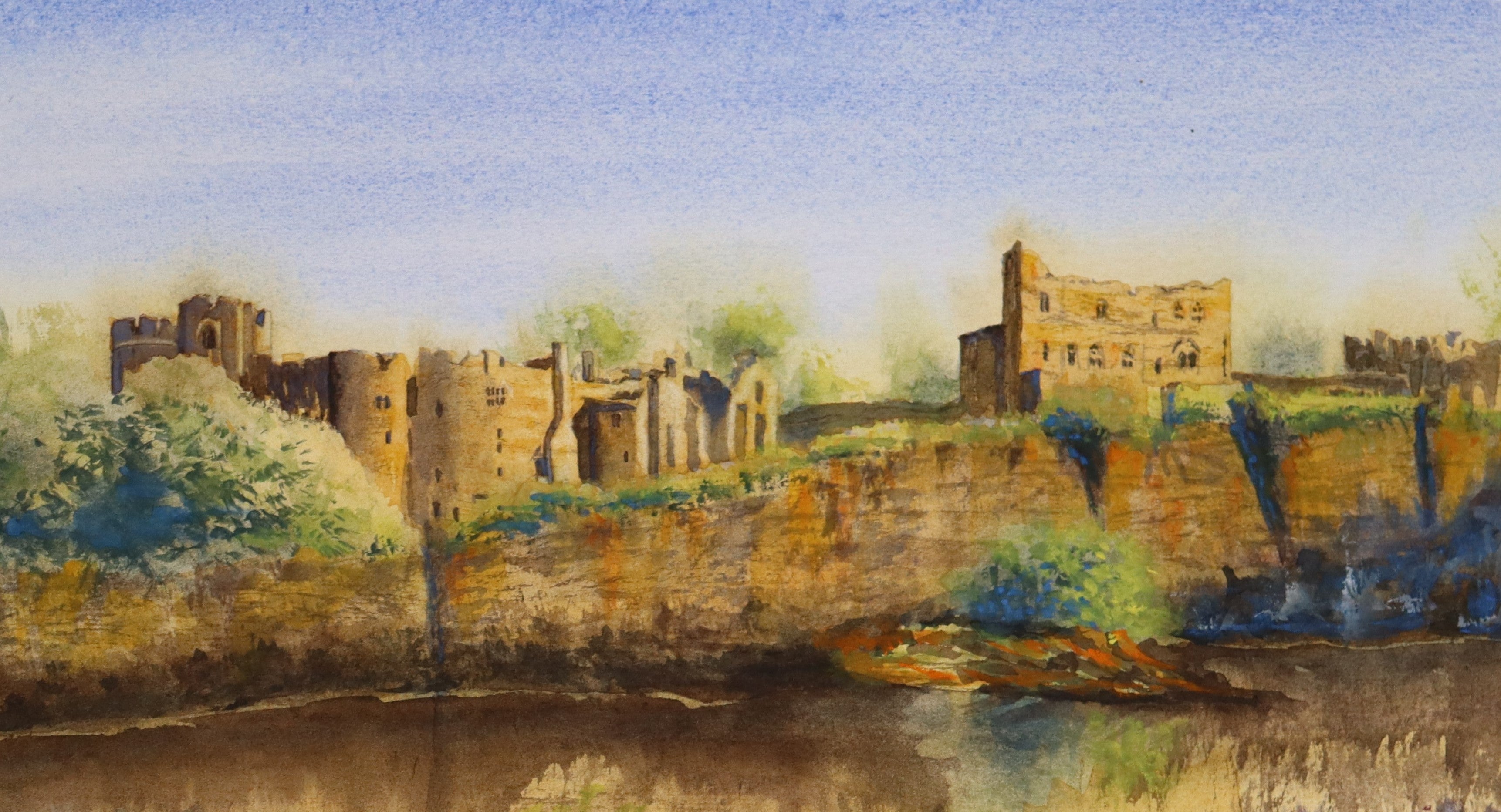 Painting made by a local artist. Original watercolour painting of Chepstow Castle and cliffs from across the River Wye, Wales, Britain's oldest stone fortress. Watercolor painting of a castle by a lake with purple flowers in the foreground.