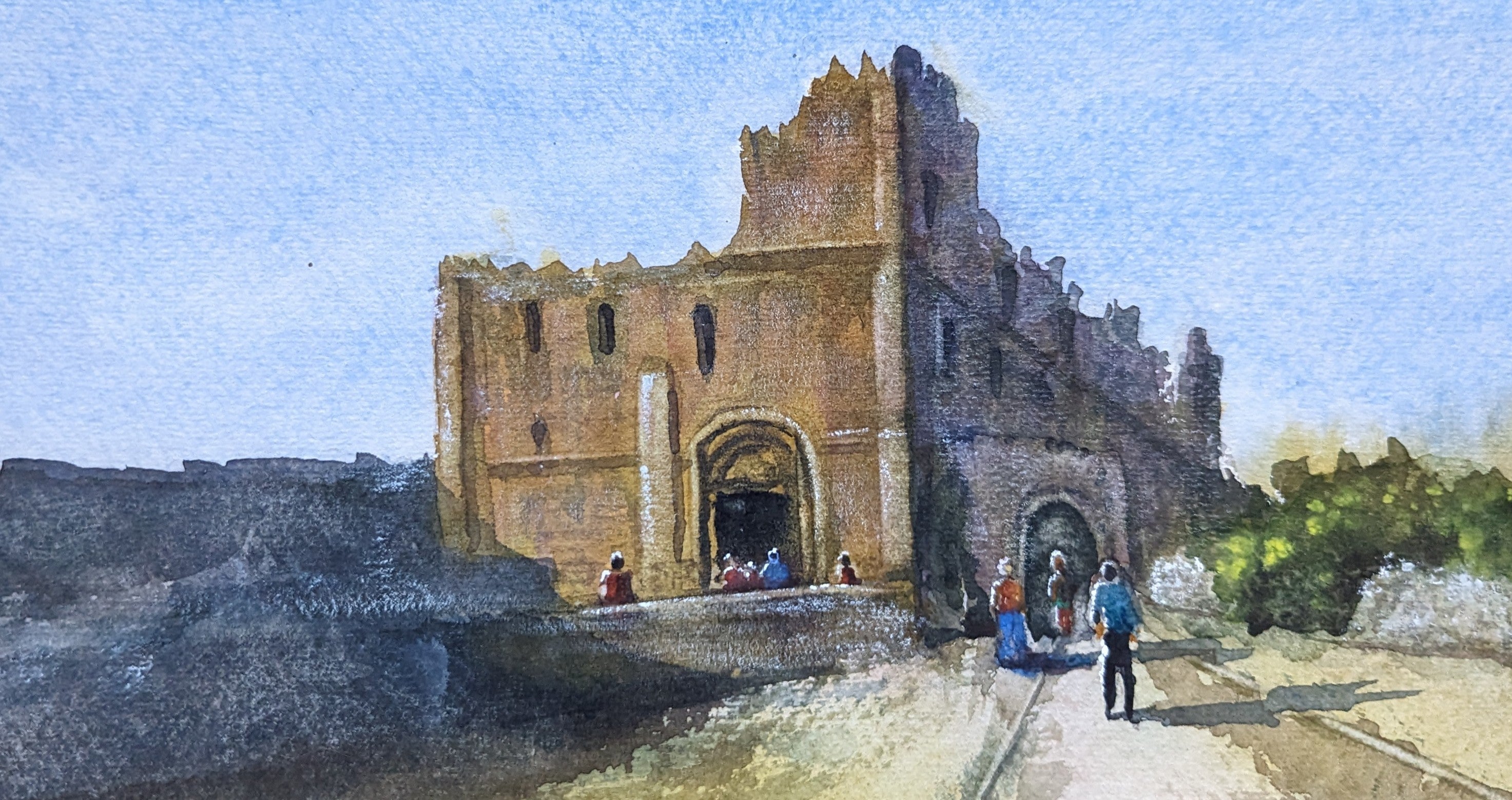 Painting of a castle with people around it. Original watercolour painting of Chepstow Castle great tower viewed from within the castle grounds, Wales
one of 3 made by the artist.