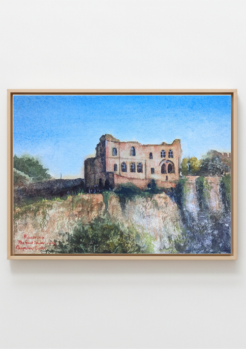 Painting of a castle ruin with a moat and greenery. 1 of 3 Original watercolour paintings of Chepstow Castle great tower above River Wye cliffs, Monmouthshire Wales done by a local artist