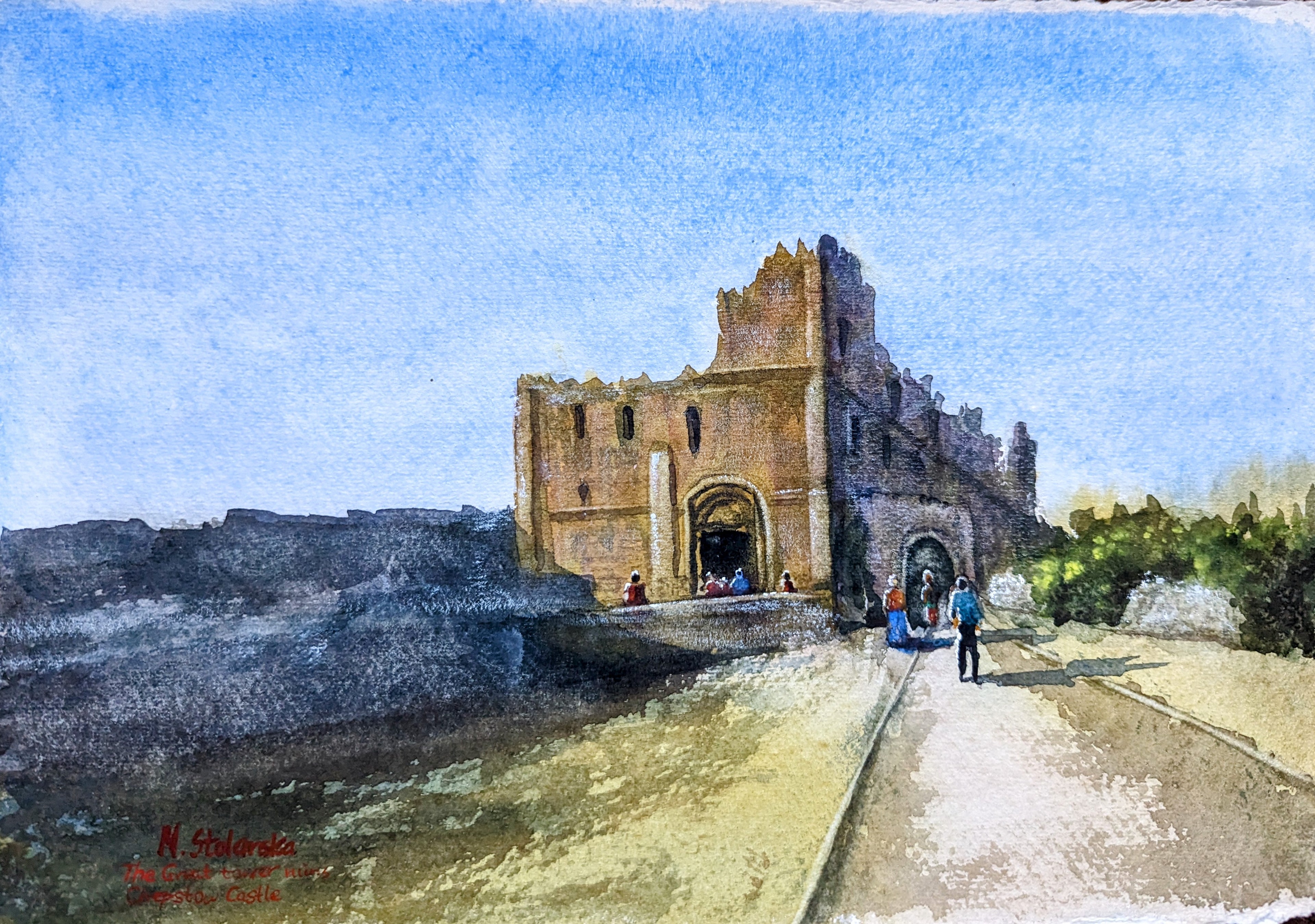 Painting of a castle with people walking towards it on a path. Original watercolour painting of Chepstow Castle great tower viewed from within the castle grounds, Wales