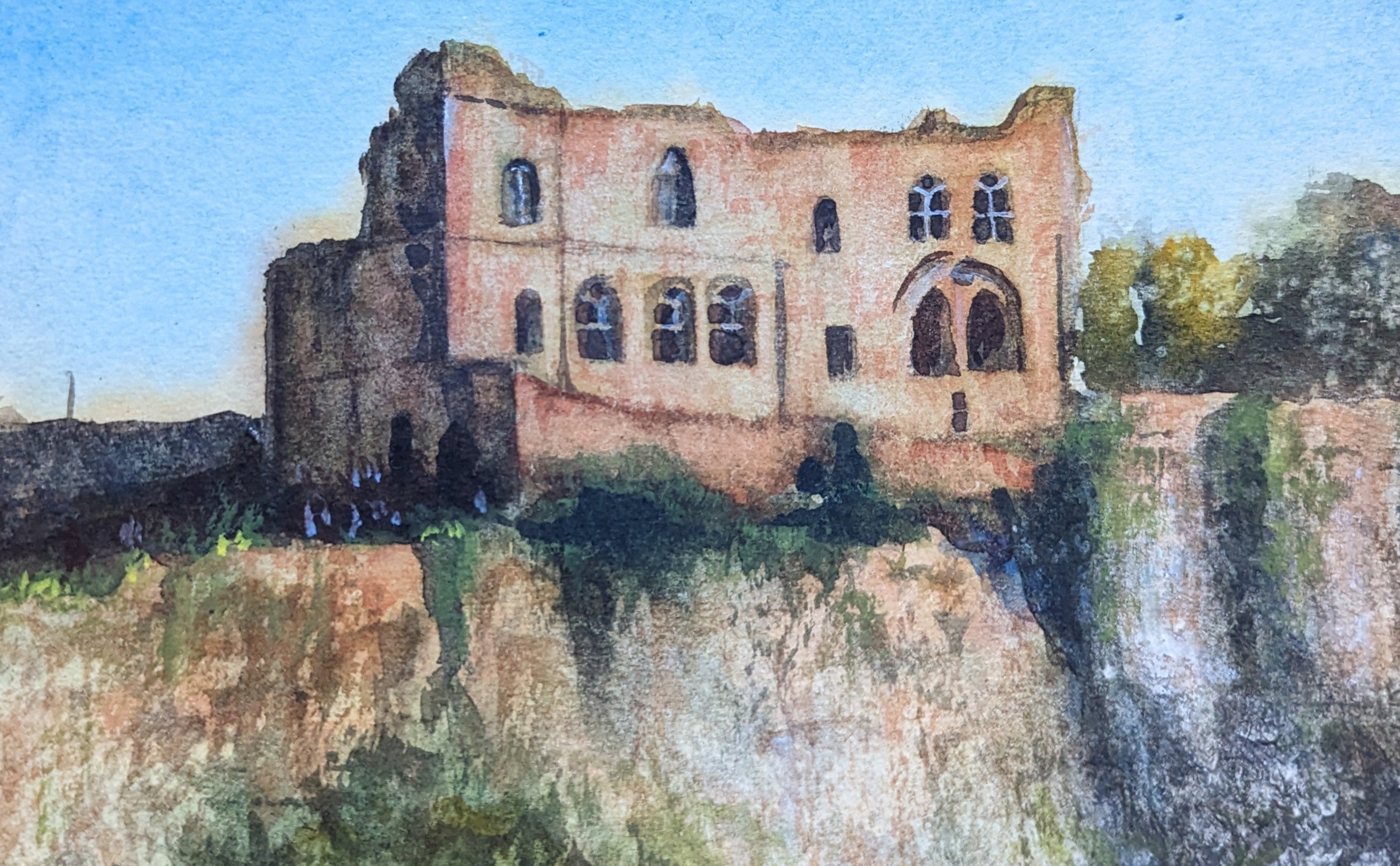 Painting of a castle ruin with water reflection. Original watercolour painting of Chepstow Castle great tower above River Wye cliffs, Monmouthshire Wales