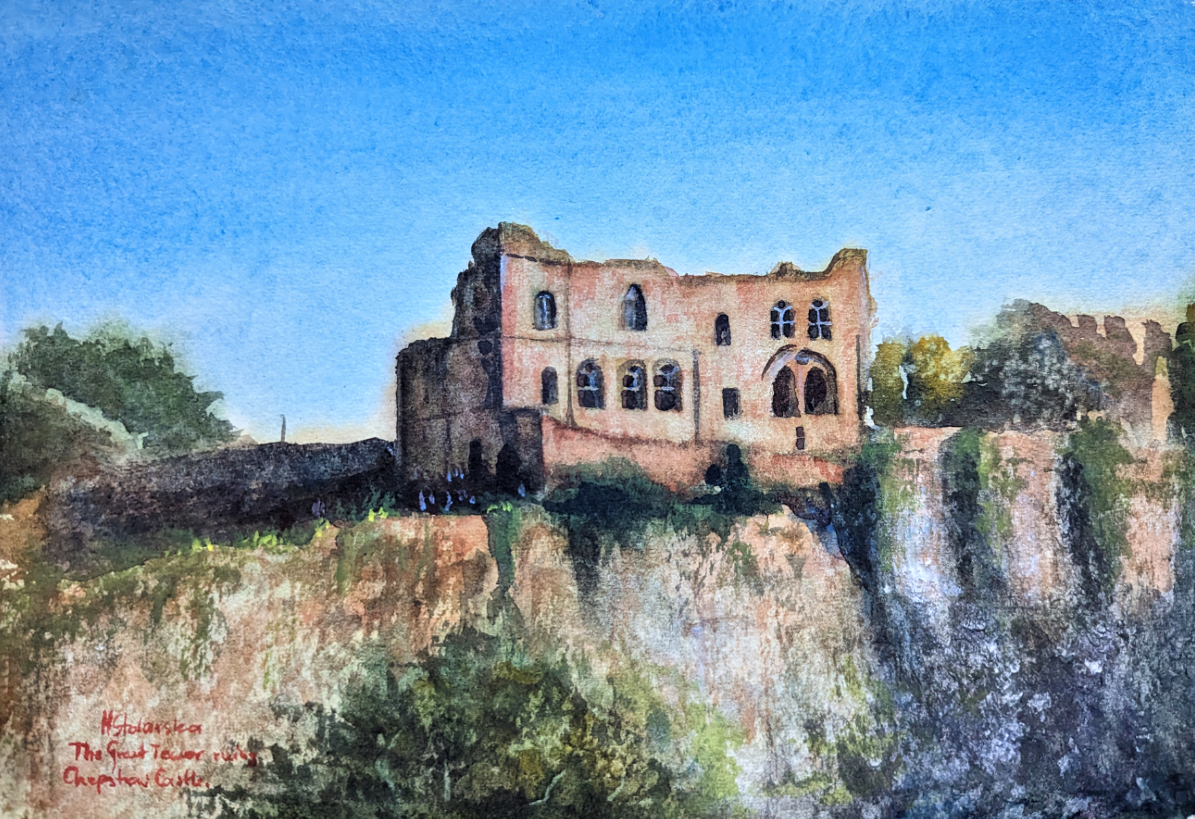 Painting of a castle ruin with a moat and greenery. 1 of 3 Original watercolour paintings of Chepstow Castle great tower above River Wye cliffs, Monmouthshire Wales done by a local artist