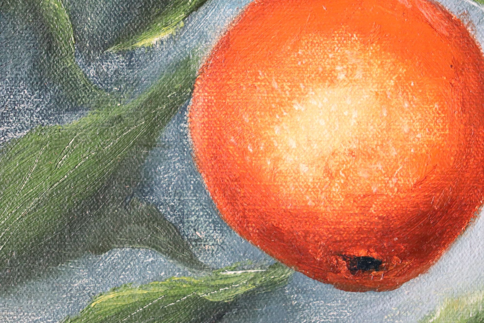 Close-up detail of Childhood Scents - orange with leaves against a dark background, expressive oil brushwork on handmade linen board by Marta Stolarska