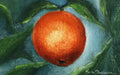 Childhood Scents - original oil still life by Marta Stolarska, a single orange with leaves on a dark background, painted on handmade linen board, 10 x 15 cm