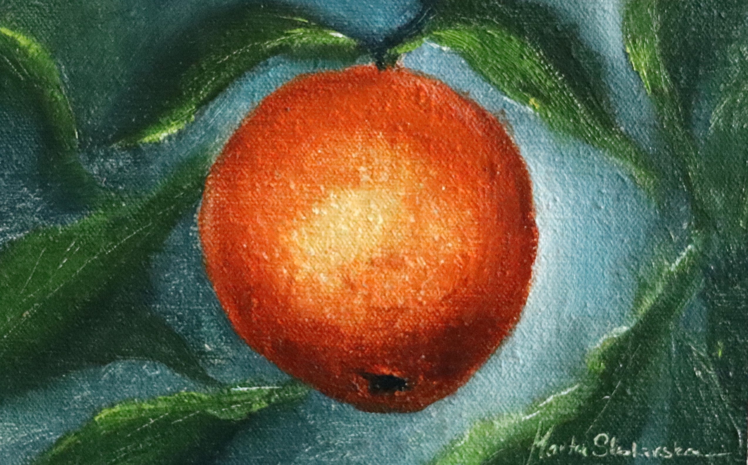 Childhood Scents - original oil still life by Marta Stolarska, a single orange with leaves on a dark background, painted on handmade linen board, 10 x 15 cm