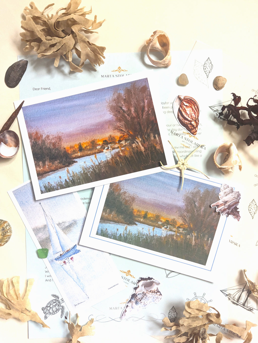Coastal Mail Club original art subscription, receive original coastal artwork by post from Marta Stolarska. Greeting card, fine art print, stickers, stationery