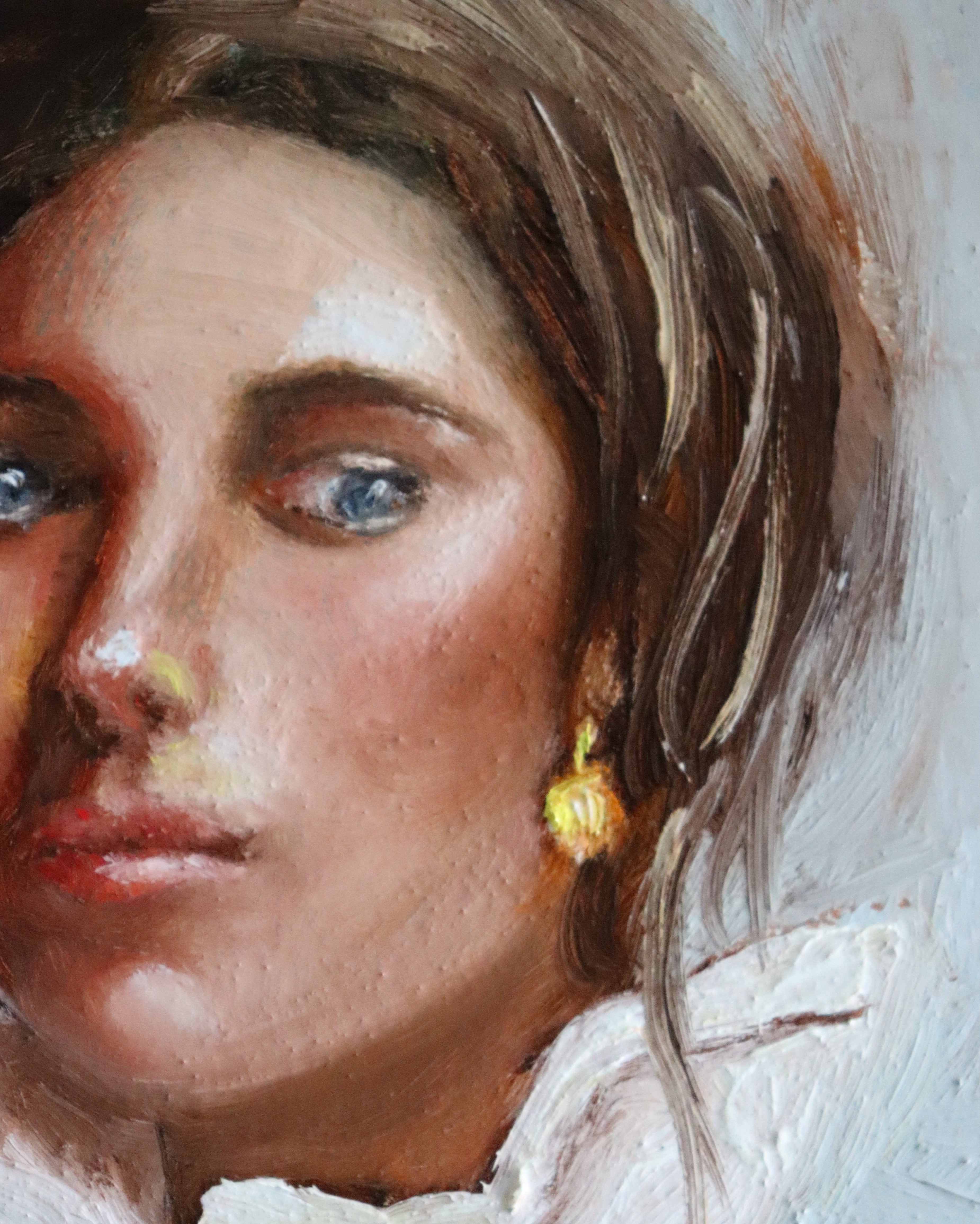 Close-up detail of Composed - gold dangling earring catching light against dark hair and white collar, expressive oil portrait brushwork by Marta Stolarska