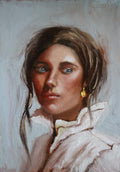 Composed - original oil portrait by Marta Stolarska, dark-haired woman with blue eyes and glowing skin in white high-collar shirt with gold dangling earring, oil on canvas board, Subtle Expressions collection