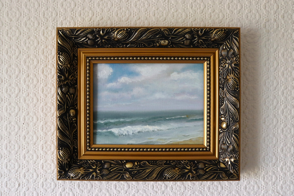 Corton Beach Waves - original oil painting in a golden frame, ready to hang. Suffolk coastal seascape with gentle waves and big sky. 8 x 6 inches by Marta Stolarska Fine Art.