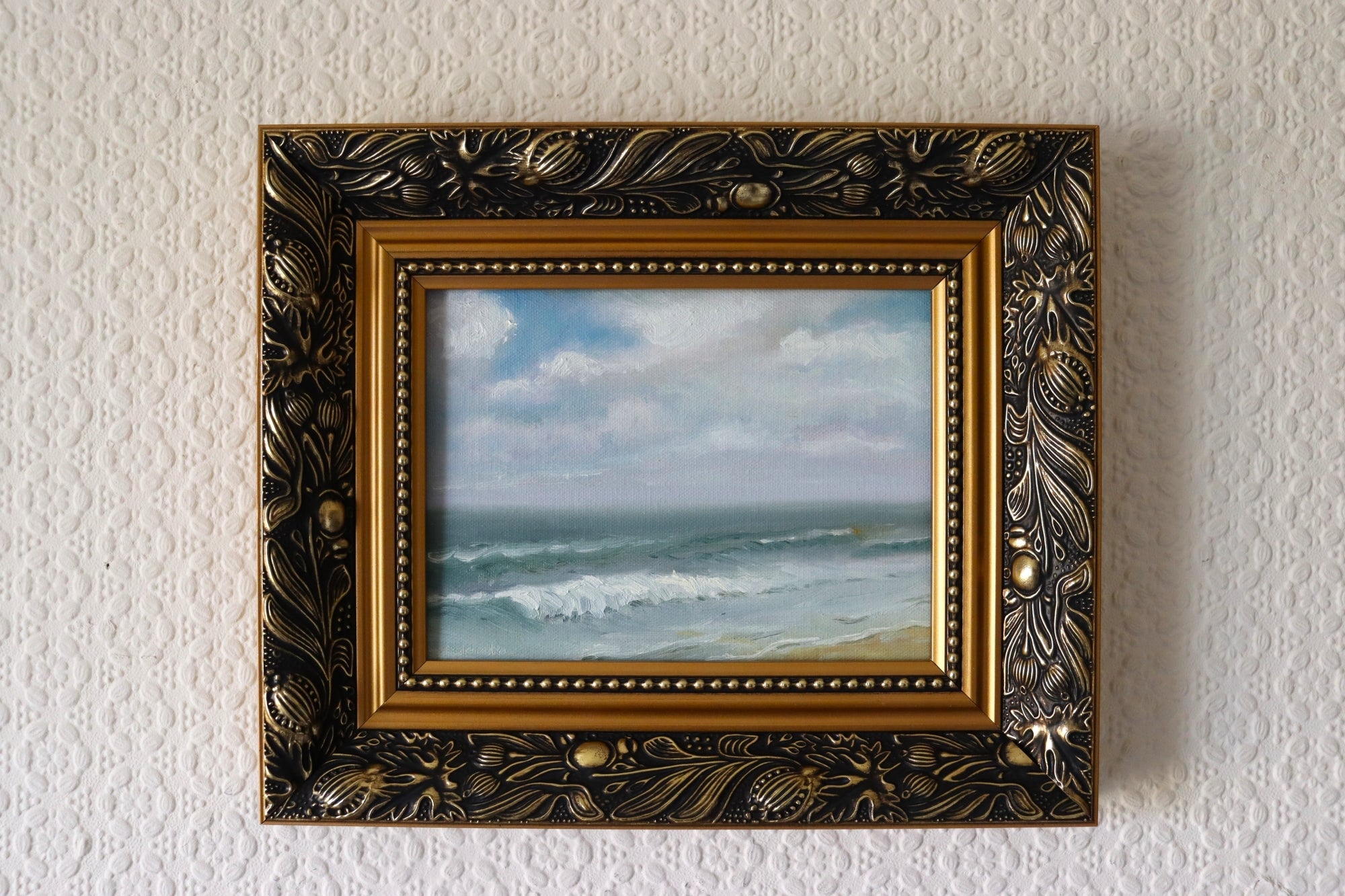 Corton Beach Waves - original oil painting in a golden frame, ready to hang. Suffolk coastal seascape with gentle waves and big sky. 8 x 6 inches by Marta Stolarska Fine Art.