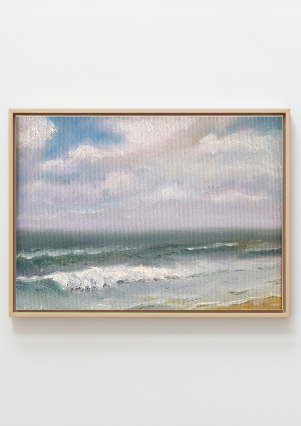 Corton Beach Waves - original oil painting of gentle waves on a Suffolk beach with a wide cloudy sky, painted in warm afternoon light. Oil on handmade canvas board, 8 x 6 inches, by Marta Stolarska.