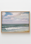 Corton Beach Waves - original oil painting of gentle waves on a Suffolk beach with a wide cloudy sky, painted in warm afternoon light. Oil on handmade canvas board, 8 x 6 inches, by Marta Stolarska.