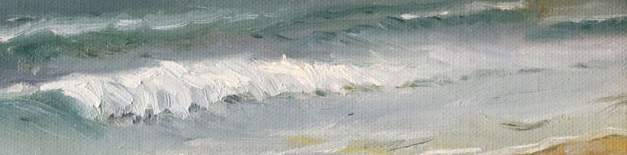Close-up detail of Corton Beach Waves original oil painting, showing brushwork and texture of the waves and sky. Oil on handmade canvas board by Marta Stolarska.