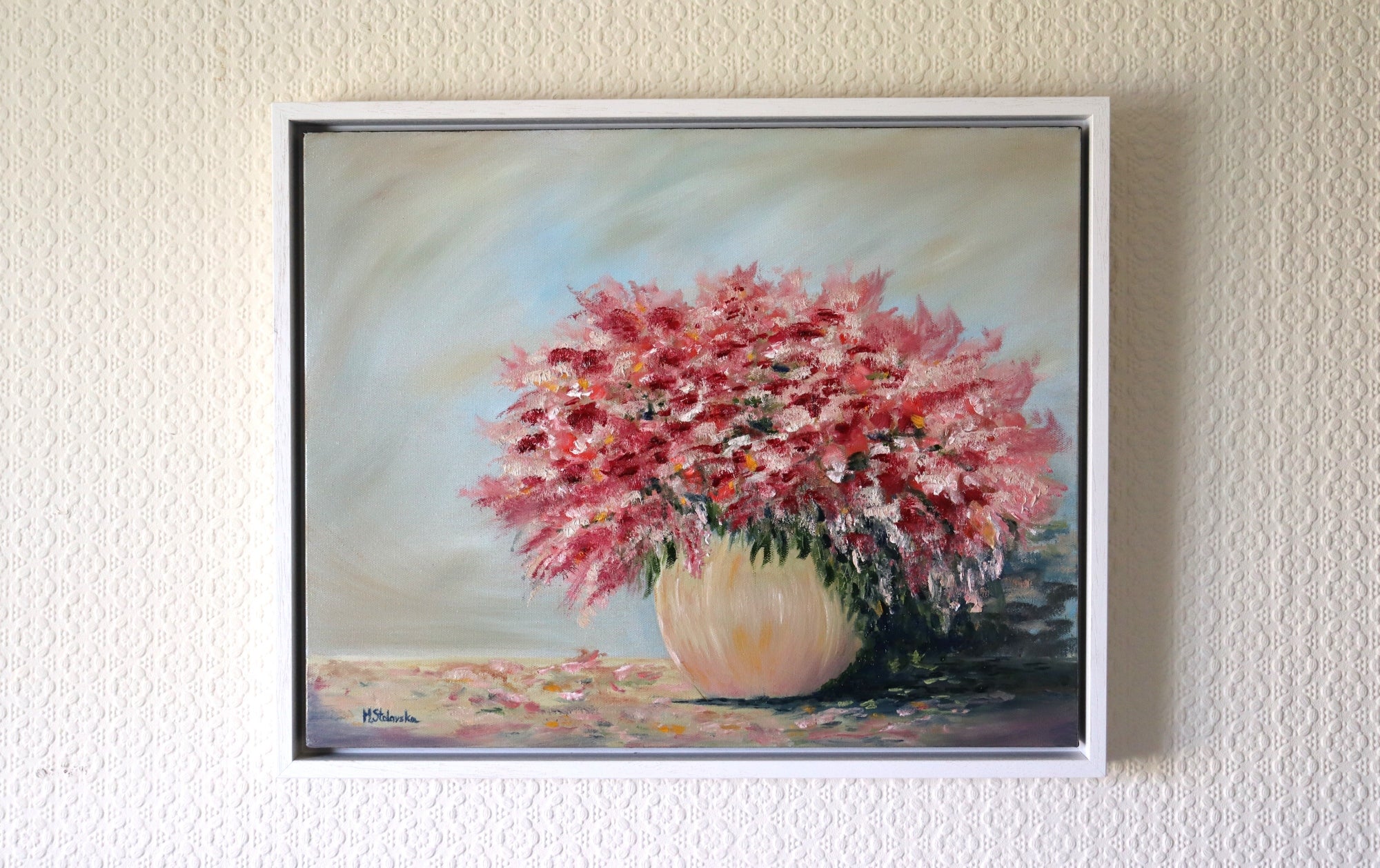Cotton Candy original oil still life painting - pink flowers and colourful glazed vase on soft light blue background, oil on stretched canvas 40x50cm, by Marta Stolarska Fine Art