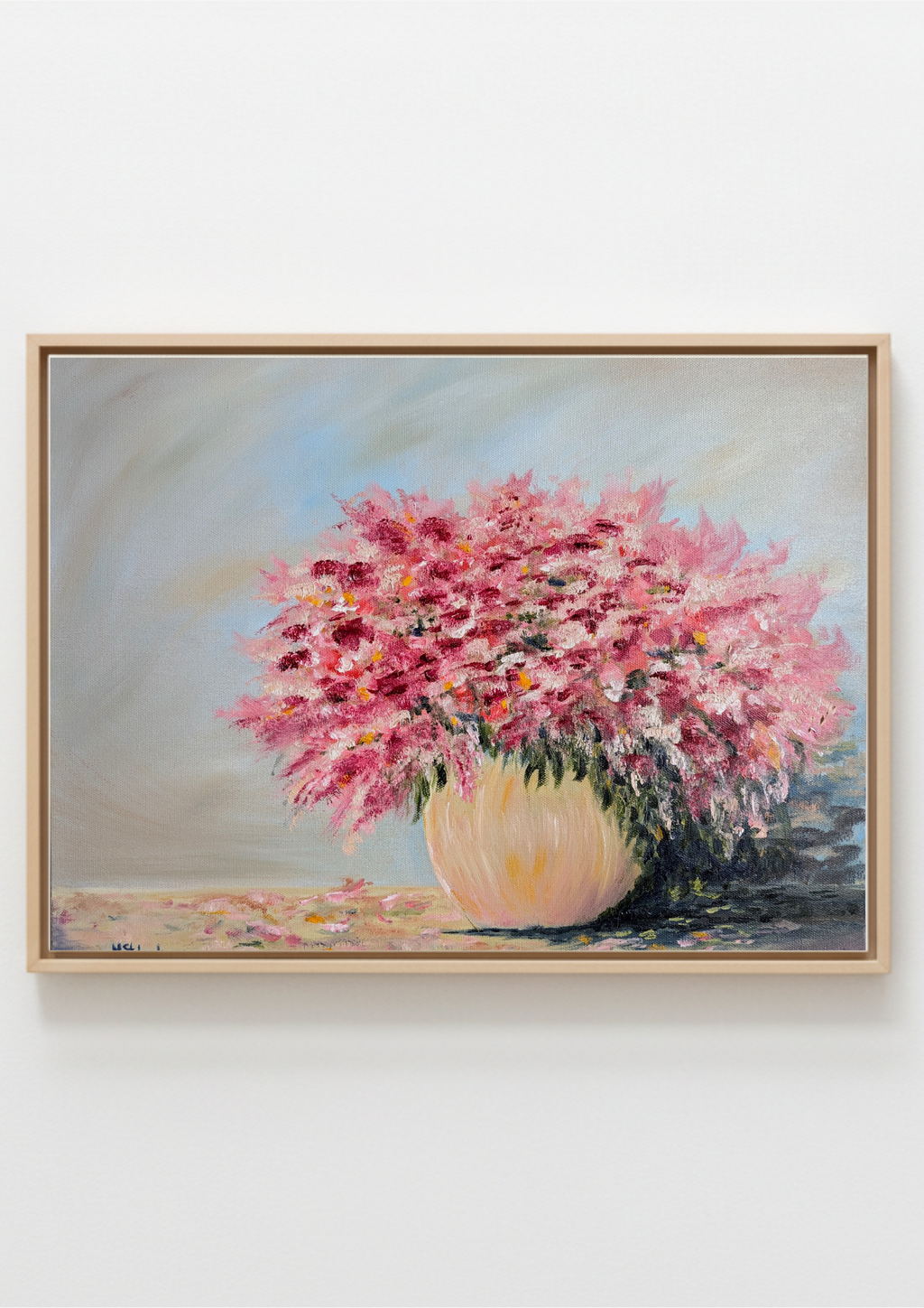 A framed painting of a vibrant pink flower bouquet in a light-colored vase, set against a soft blue-gray background, displayed on a clean white wall. Cotton Candy - original oil painting by Marta Stolarska, mass of small pink flowers with glazed colourful vase on light blue background, in white floating frame, 44.5x54.5cm