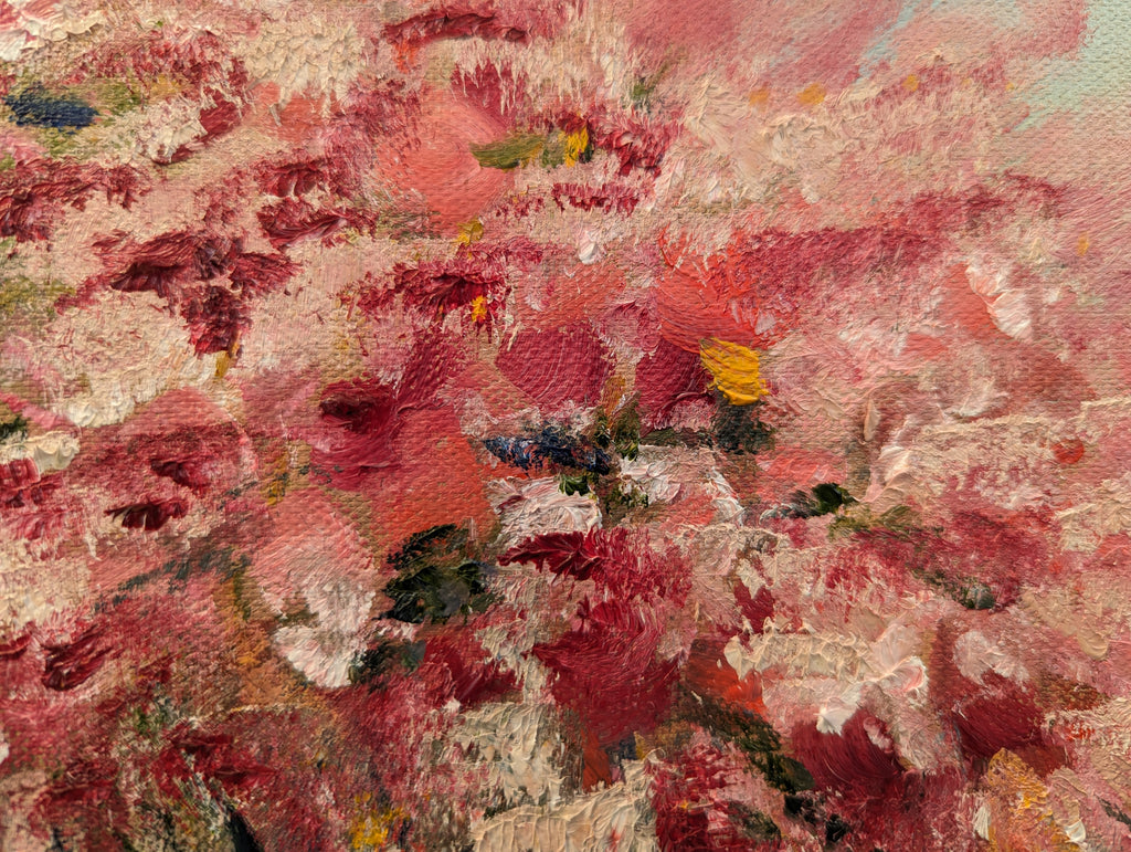 Detail of Cotton Candy - layered brushwork and delicate pink petals showing texture and depth, original oil painting by Marta Stolarska