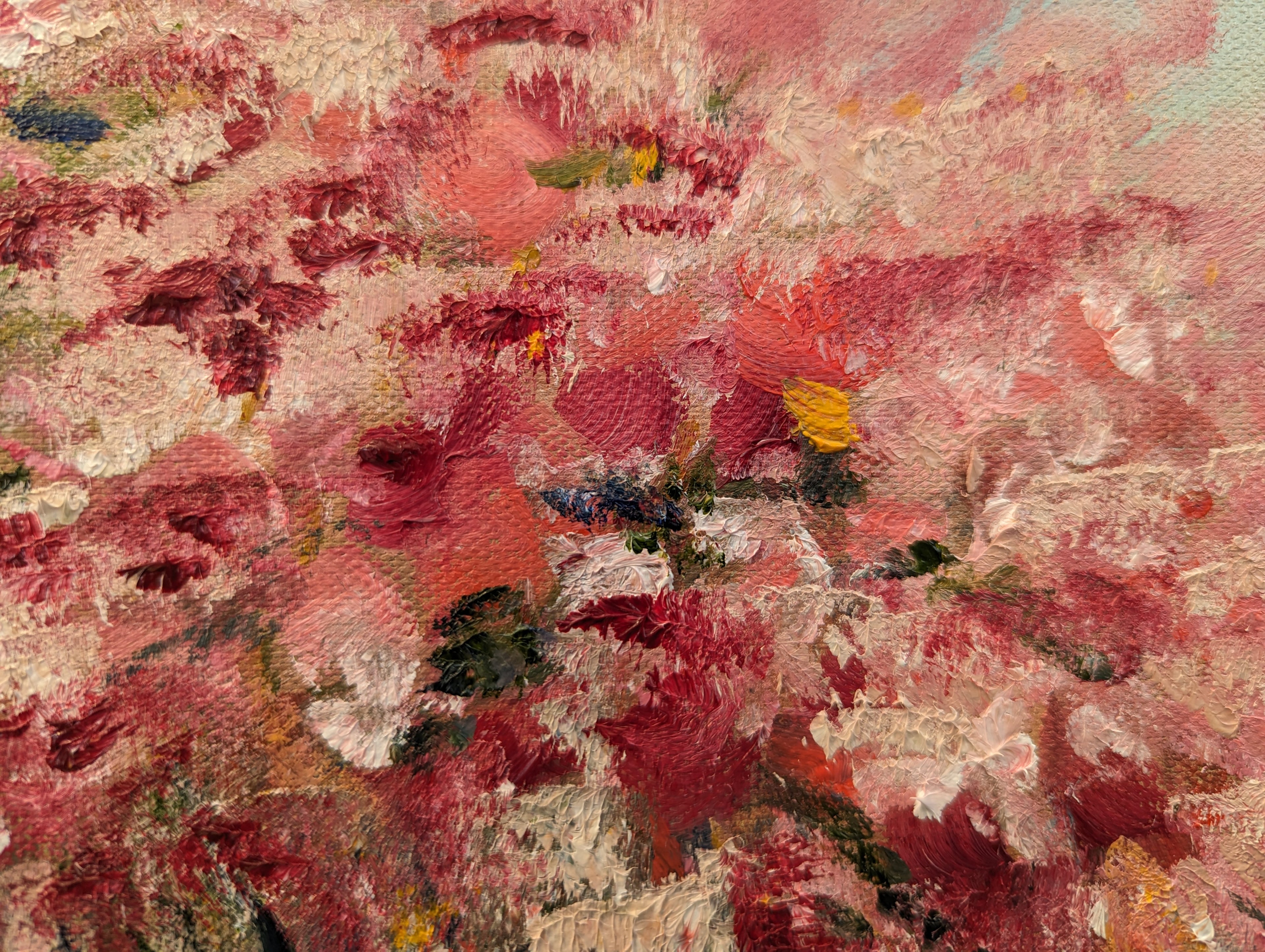 Detail of Cotton Candy - layered brushwork and delicate pink petals showing texture and depth, original oil painting by Marta Stolarska