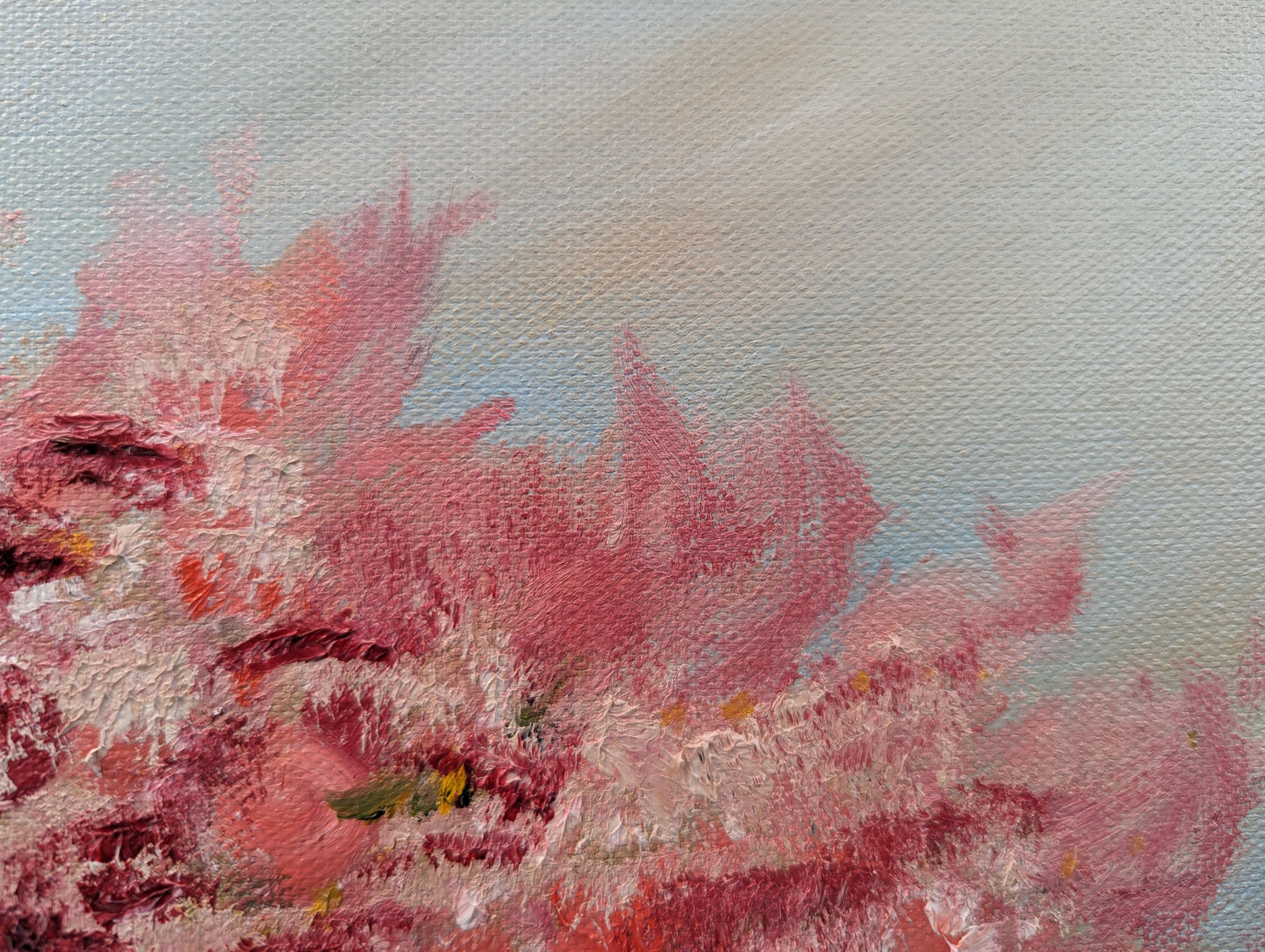 Close-up detail of Cotton Candy oil painting - feather-like texture and colour play in small pink flowers, original artwork by Marta Stolarska