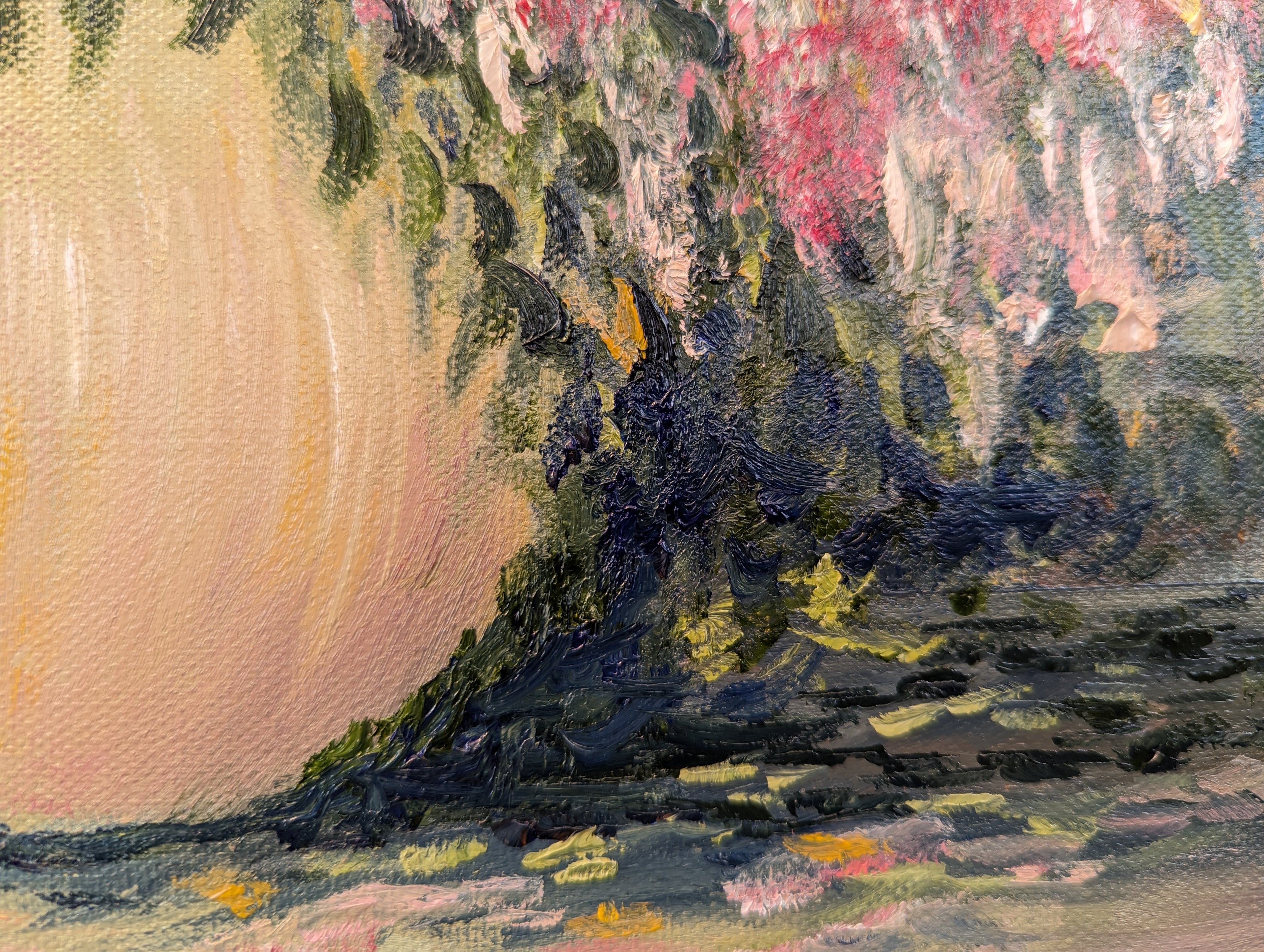 Close-up detail of Cotton Candy oil painting - colour and texture of glazed vase with pink flowers, painted with childlike curiosity by Marta Stolarska