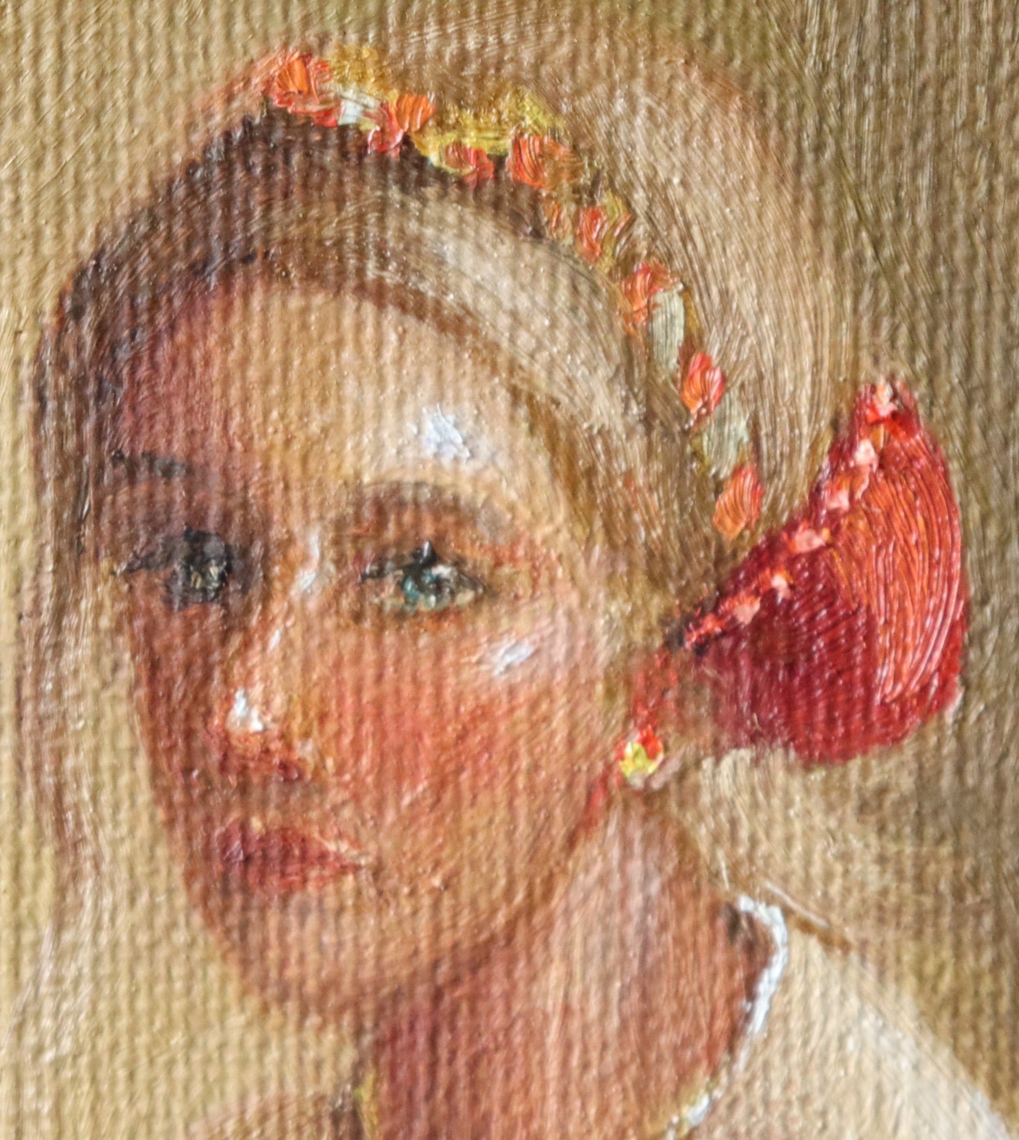 Artistic depiction of a woman's face with a decorative headband and earrings on a textured beige background. Original oil portrait painting of a golden-haired girl in a linen dress with headband, direct emotive gaze, framed in gold 