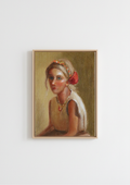 Artistic depiction of a woman with a  golden dress, straw blond hair, headband and red necklace representing folklore on a beige background. Original oil portrait painting of a golden-haired girl in a linen dress with headband, direct emotive gaze, framed in gold
