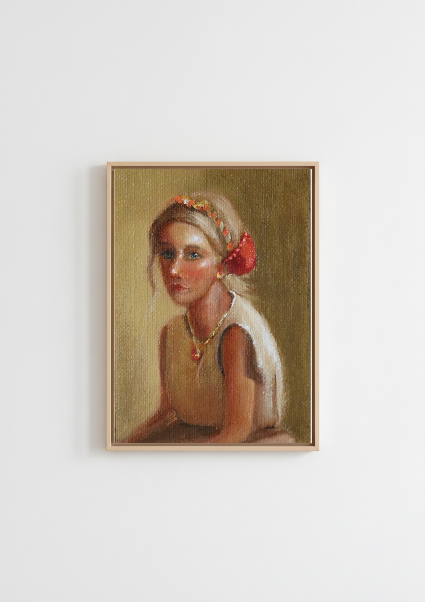 Artistic depiction of a woman with a  golden dress, straw blond hair, headband and red necklace representing folklore on a beige background. Original oil portrait painting of a golden-haired girl in a linen dress with headband, direct emotive gaze, framed in gold