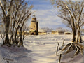Winter scene with a lighthouse and snow-covered landscape. Original watercolour painting of an imagined winter village in snow, soft tones and quiet atmosphere