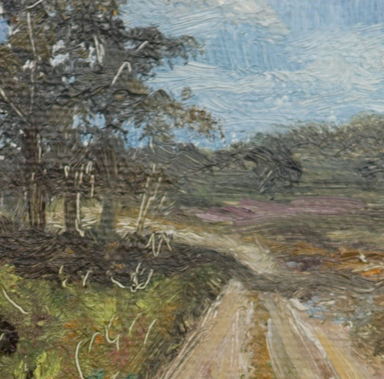 Original oil painting of a country road leading into open fields, simple English countryside scene framed