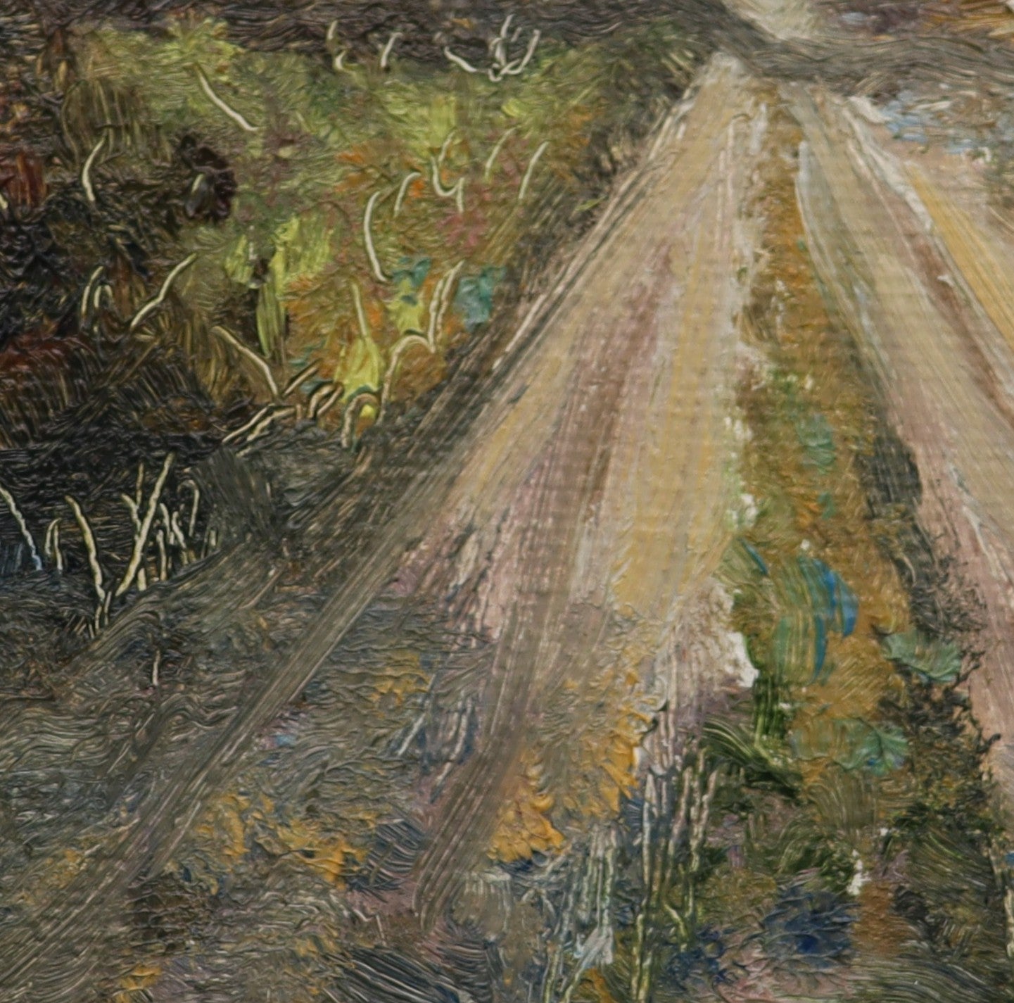 Painting of a road flanked by trees with a textured brushstroke style. Original oil painting of a country road leading into open fields, simple English countryside scene framed